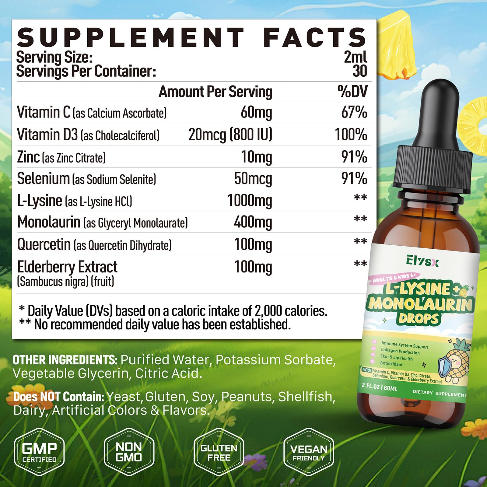 Elysx liquid supplement bottle label details