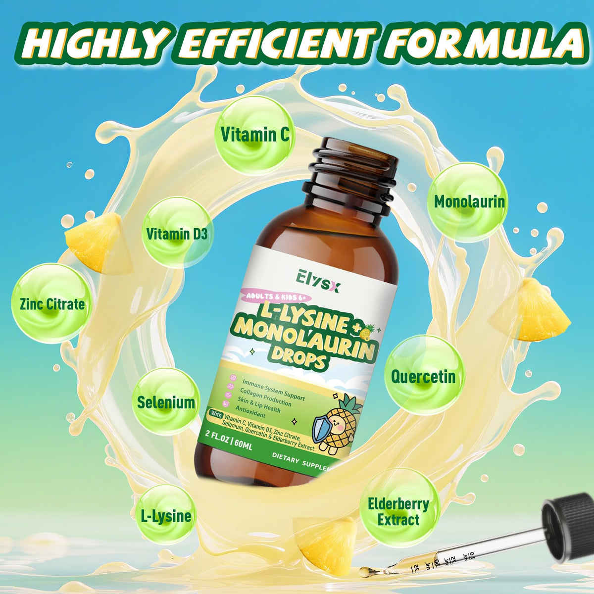 Elysx immune support liquid drops outer packaging showing key ingredients