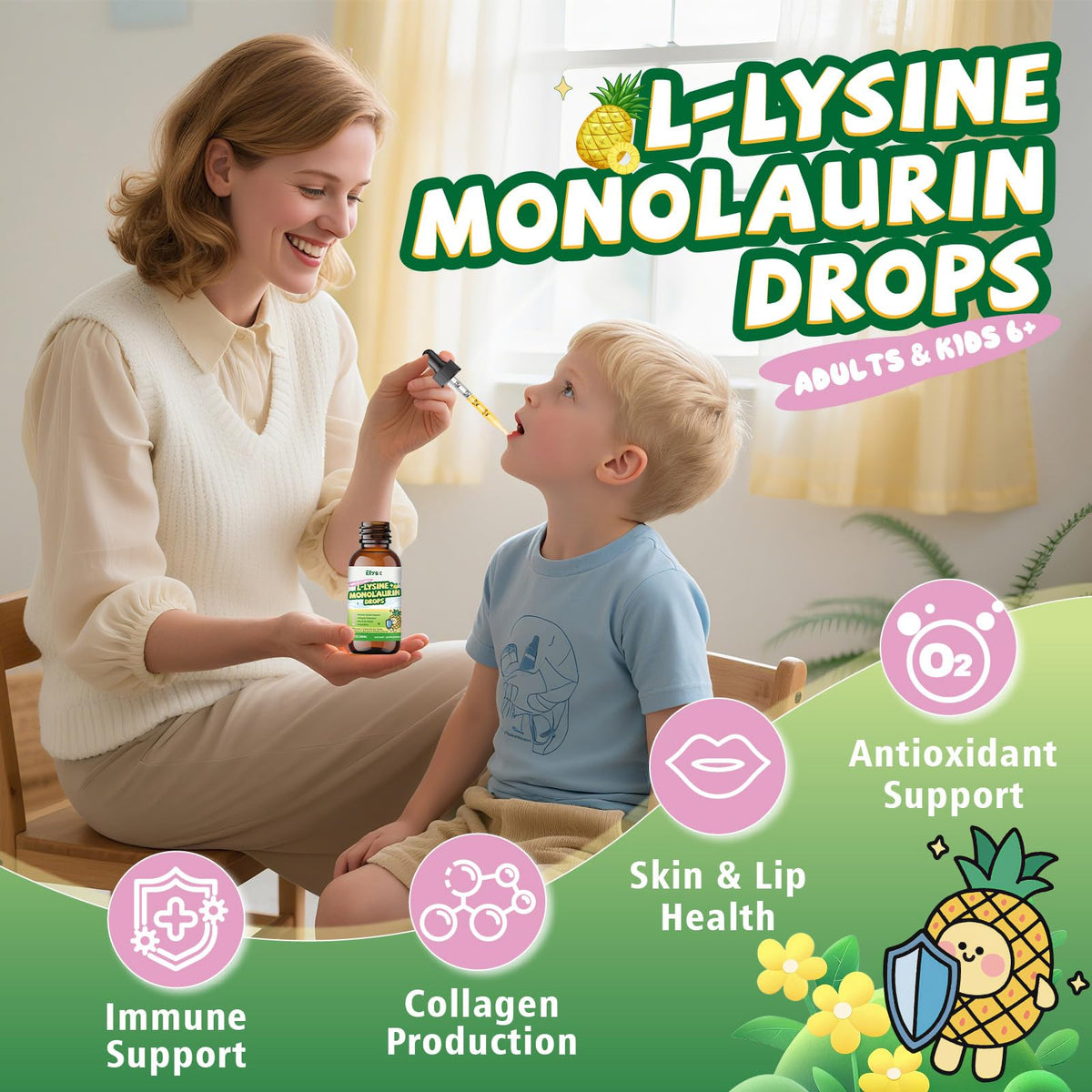 Elysx L-Lysine Monolaurin 2 fluid ounces bottle side label with nutrition facts
