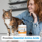 Orange tabby cat next to container of Alpha Paw lysine powder