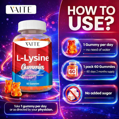 Vaite L-Lysine 1000mg bottle beside open gummies for skin health