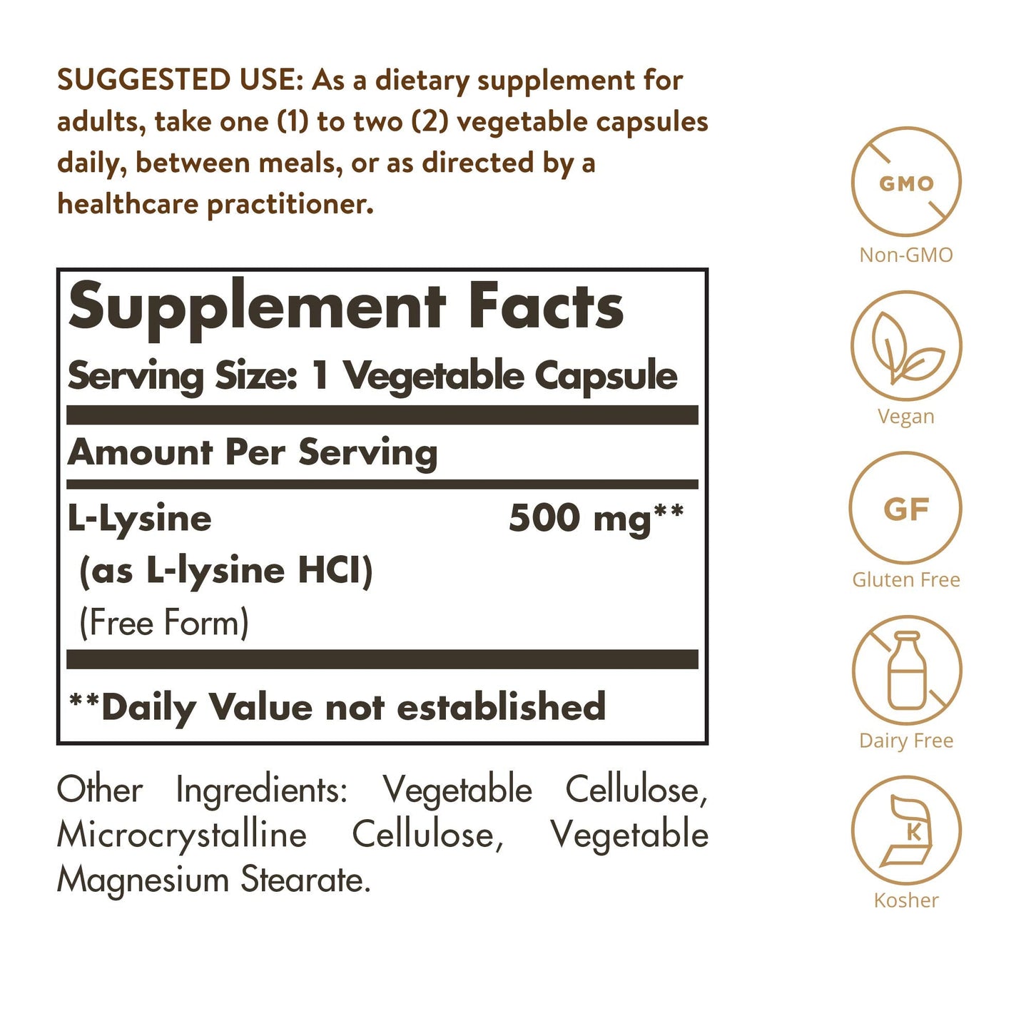 Solgar L-Lysine supplement bottle nutritional facts label