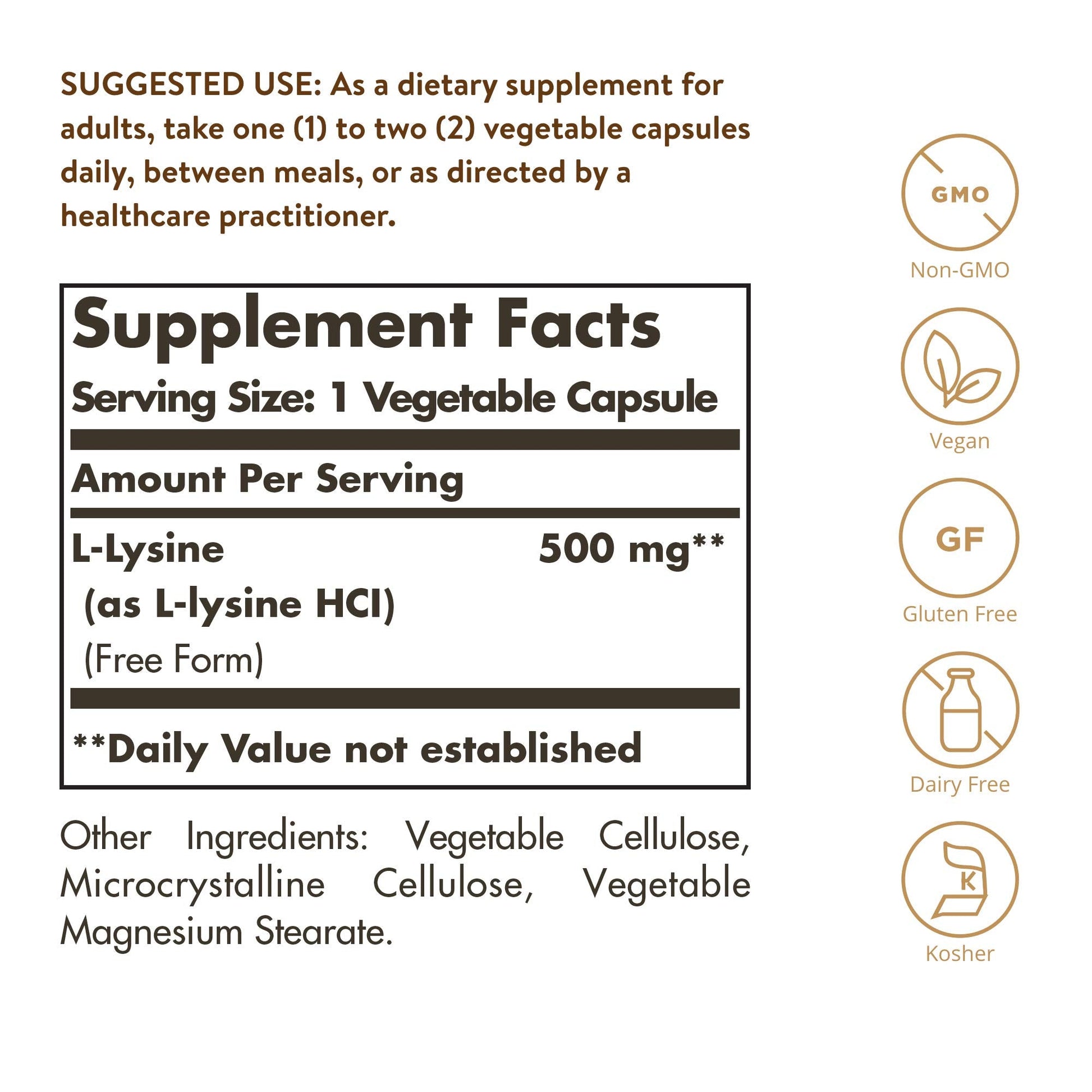 Solgar L-Lysine supplement bottle nutritional facts label
