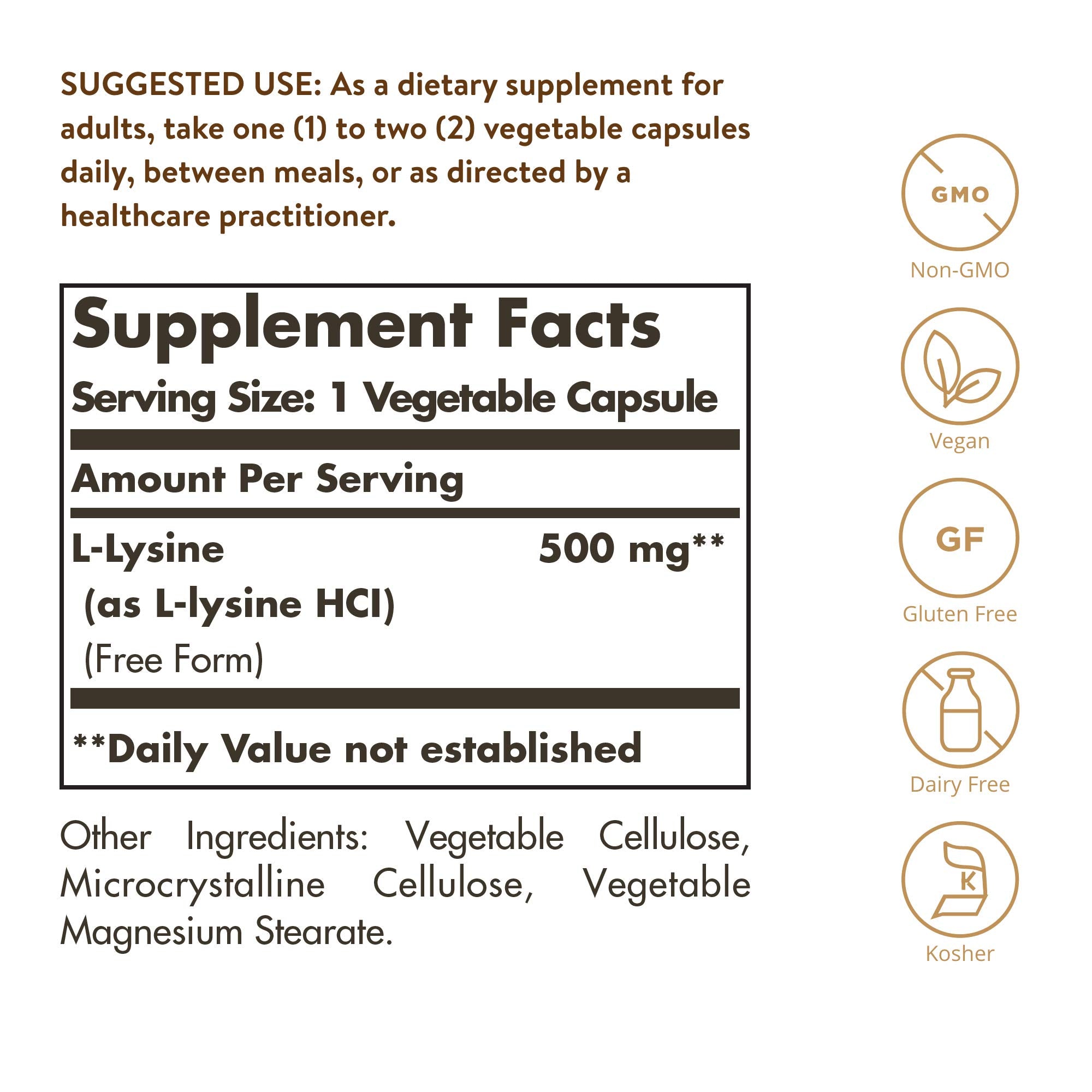 Solgar L-Lysine supplement bottle nutritional facts label