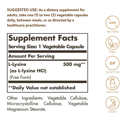 Solgar L-Lysine supplement bottle nutritional facts label