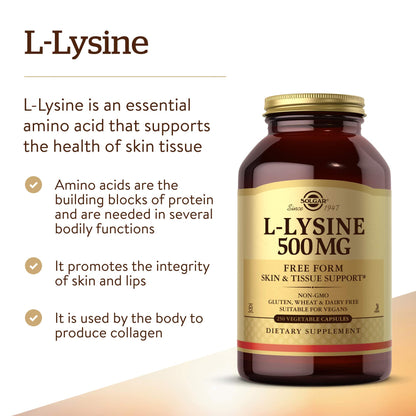 Close up of Solgar L-Lysine 250 count vegetable capsules packaging