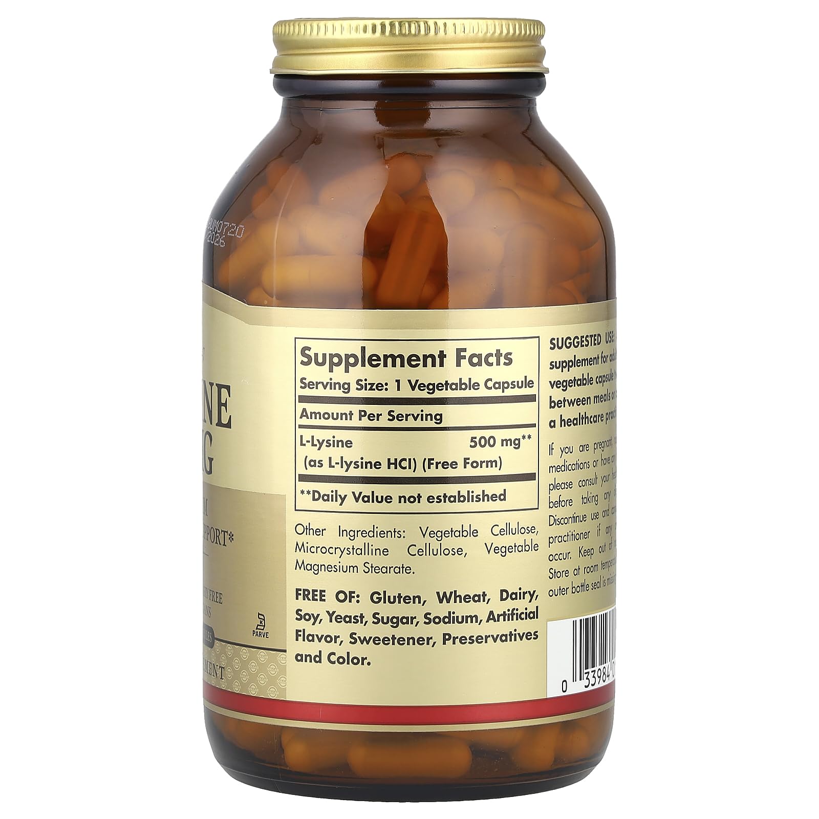 Solgar L-Lysine side profile showing ingredient details