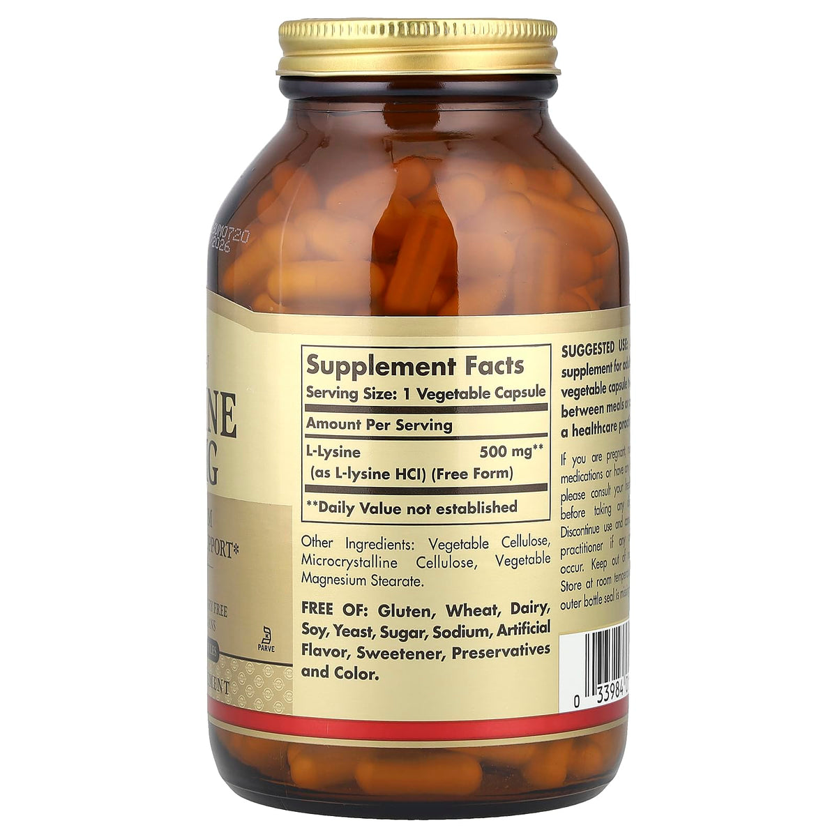 Solgar L-Lysine 250 vegetable capsules side profile view
