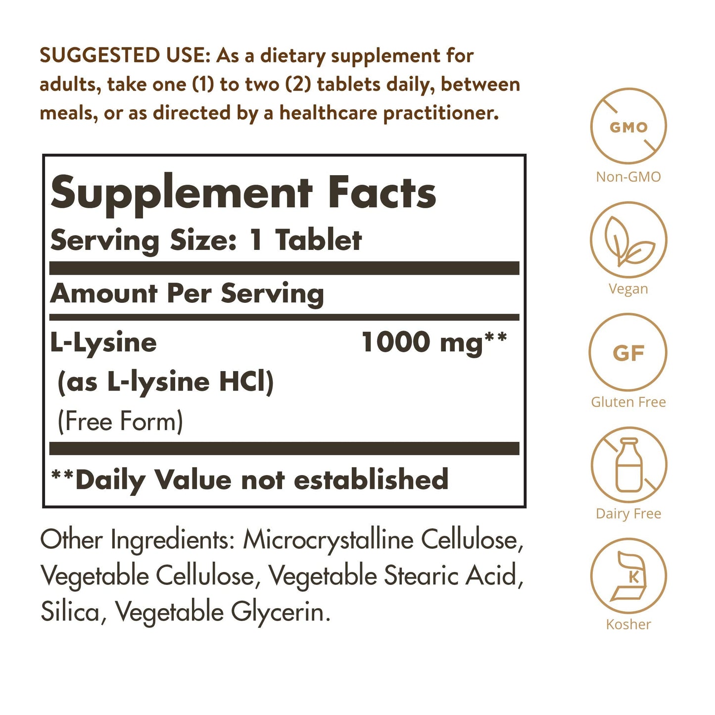 Solgar L-Lysine dietary supplement bottle side label details