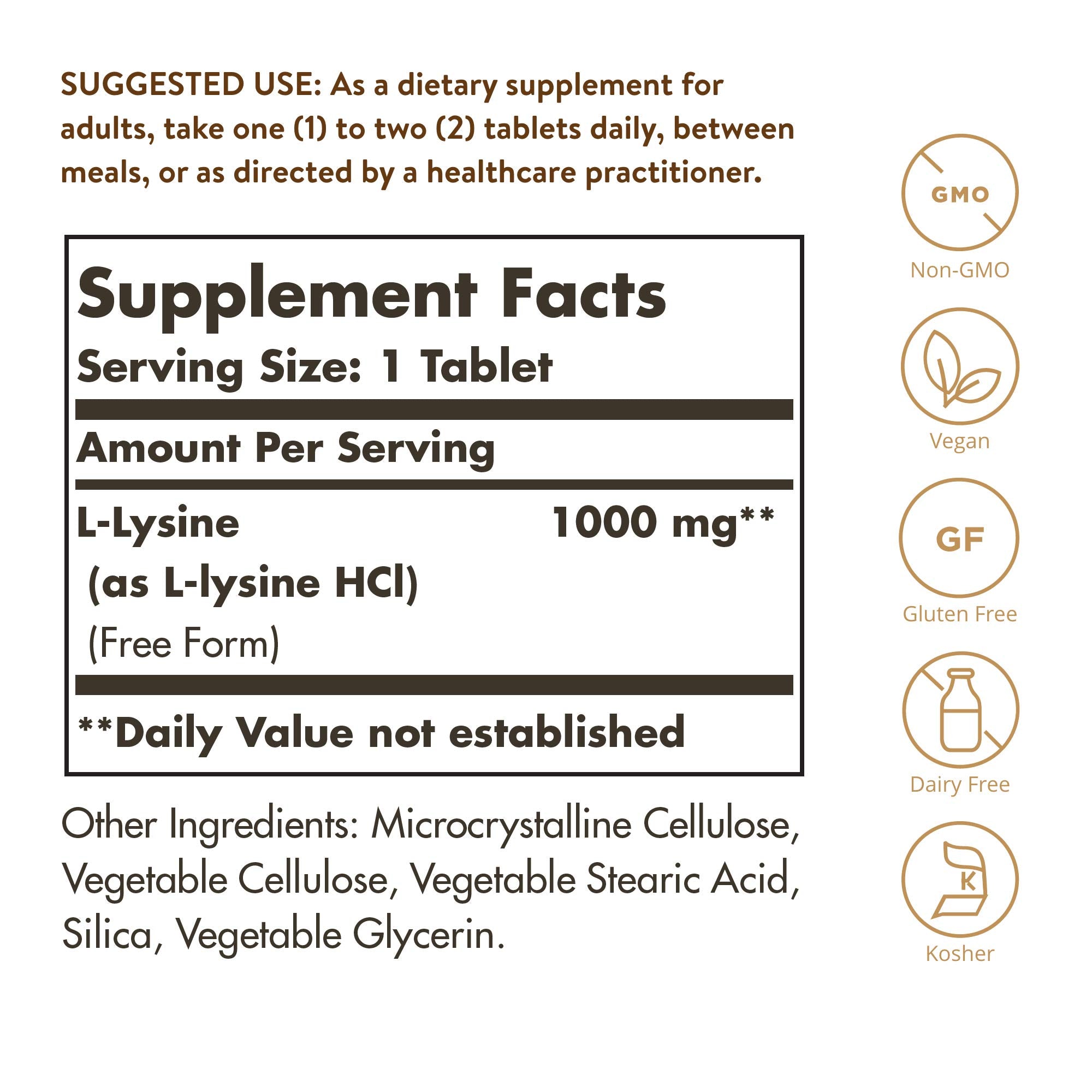 Solgar L-Lysine dietary supplement bottle side label details