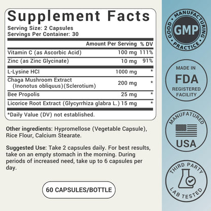 Close up of 1000mg L-Lysine capsule packaging