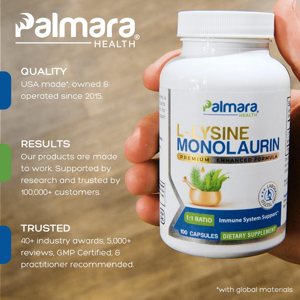 Palmara Health L-Lysine and Monolaurin supplement facts nutritional panel label