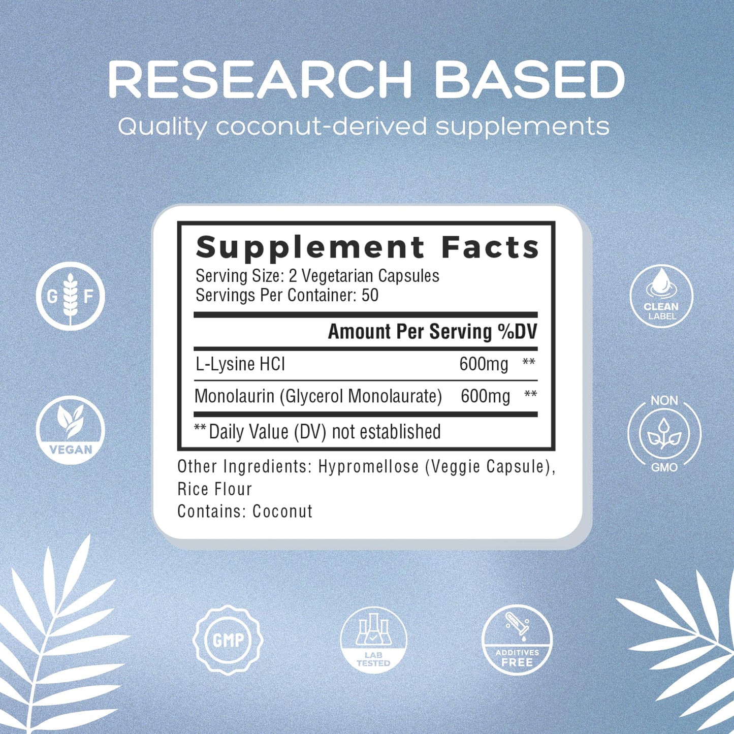 Palmara Health L-Lysine Monolaurin nutritional facts label