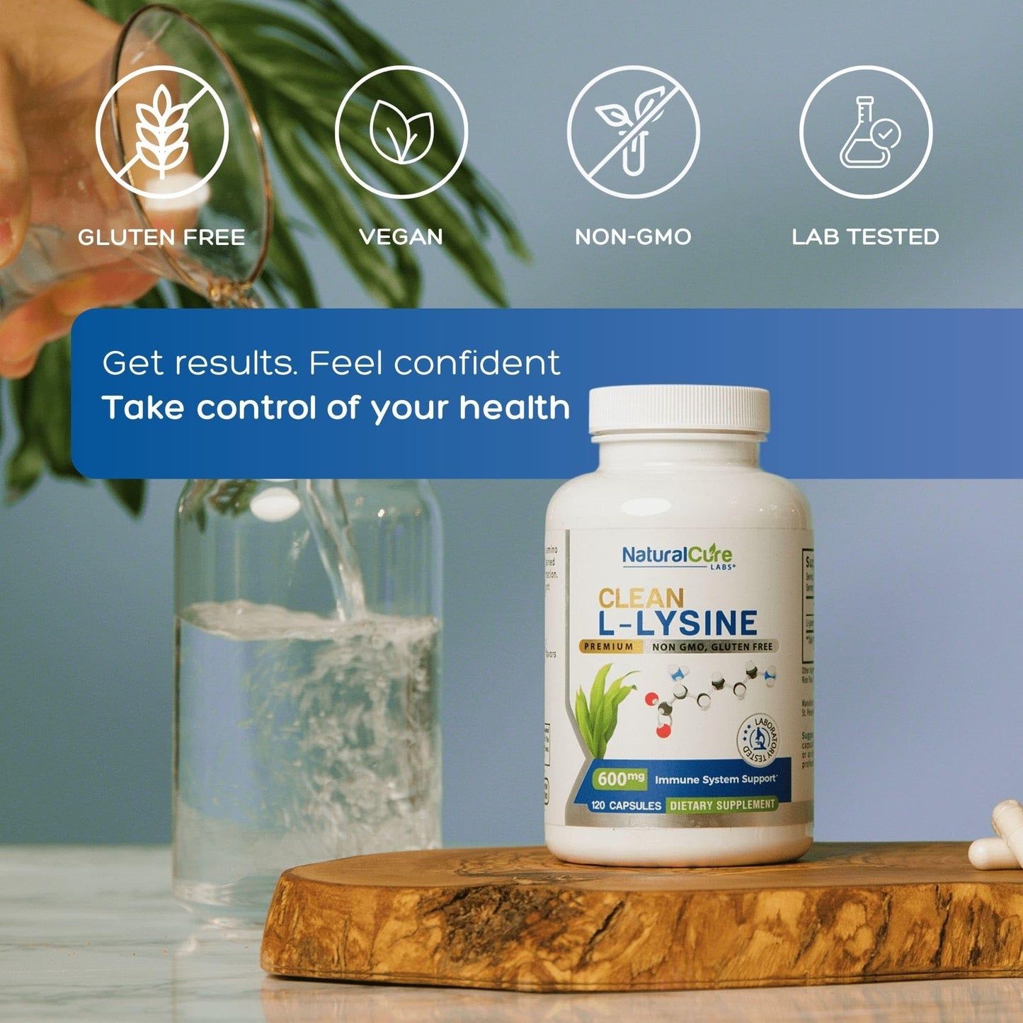 Close up of Natural Cure Labs L-Lysine 120 capsules packaging