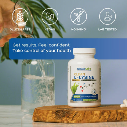 Close up of Natural Cure Labs L-Lysine 120 capsules packaging