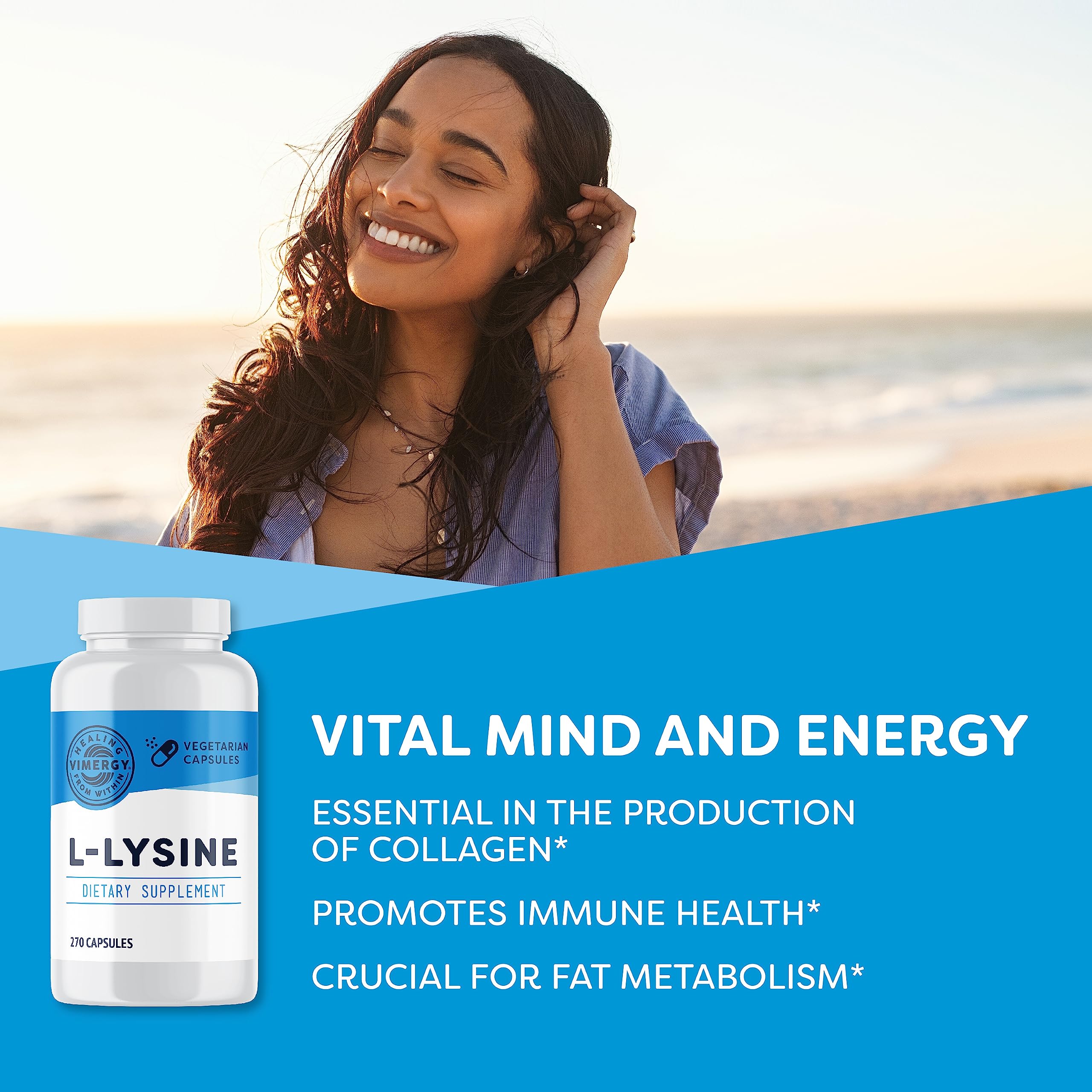 Vimergy L-Lysine supplement bottle with clear label