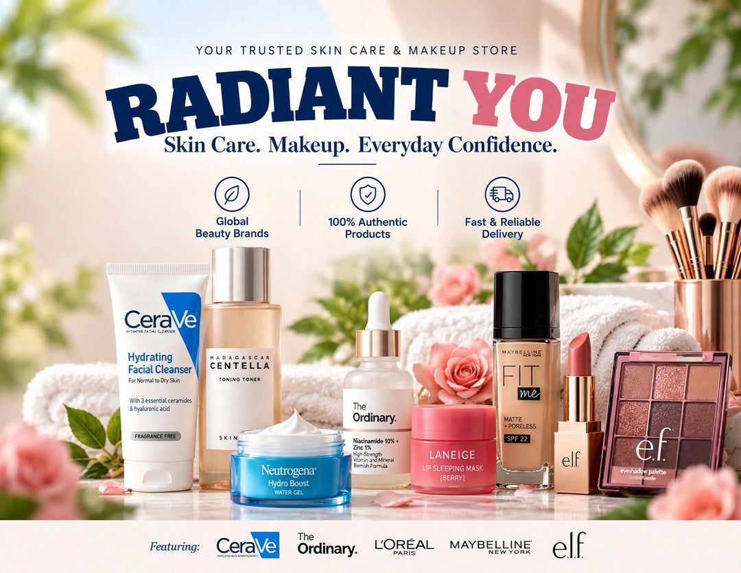 A promotional beauty ad banner featuring multiple cosmetic products arranged on a tabletop with towels, roses, and makeup brushes in the background. Visible products include CeraVe Hydrating Facial Cleanser, Estée Lauder Advanced Night Repair, The Ordinary Serum, Laneige Flattening Skin Serum, Fit Me! Foundation, Neutrigar Black Power Moisturizer, L'Oréal Paris Paris Day 24, Maybelline New York Eye Shadow, and elf eyeshadow palette.
