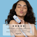 Woman holding a bottle of ISDIN sunscreen with a blue background and a five-star rating text overlay.