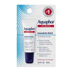 Aquaphor Lip Repair Immediate Relief lip balm in a 10 mL squeeze tube, packaged on a white and blue backing card with product text and a red '#1' badge.