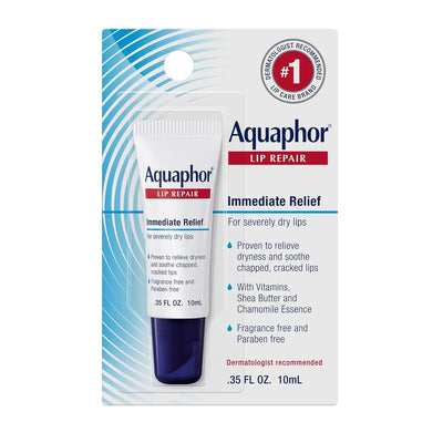 Aquaphor Lip Repair Immediate Relief lip balm in a 10 mL squeeze tube, packaged on a white and blue backing card with product text and a red '#1' badge.
