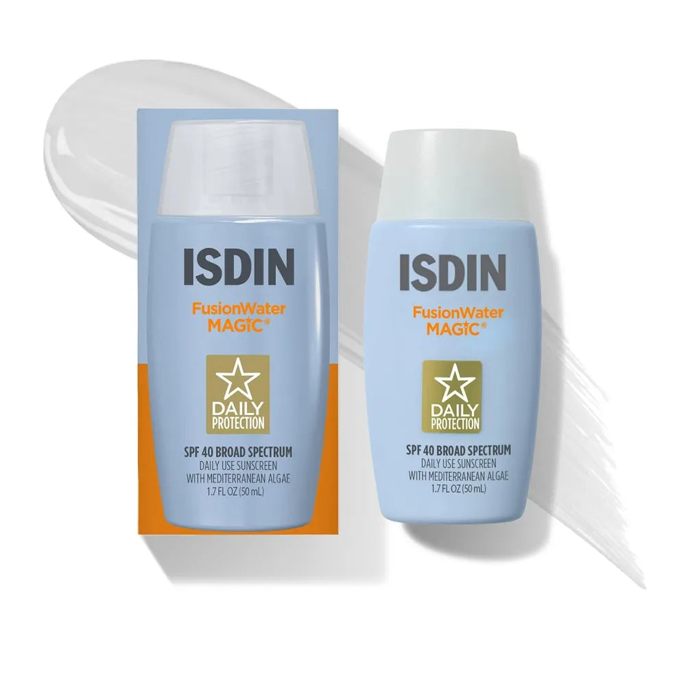 ISDIN FusionWater Magic Daily Protection SPF 40 Broad Spectrum sunscreen shown as a light blue bottle next to its retail box, with a white cream smear in the background.