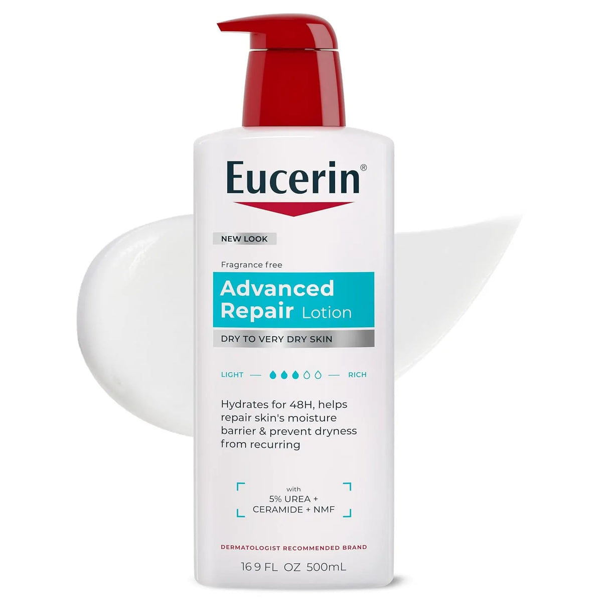 A bottle of Eucerin Advanced Repair Lotion with a red pump dispenser and white bottle, shown against a white background with a white lotion smear behind it.