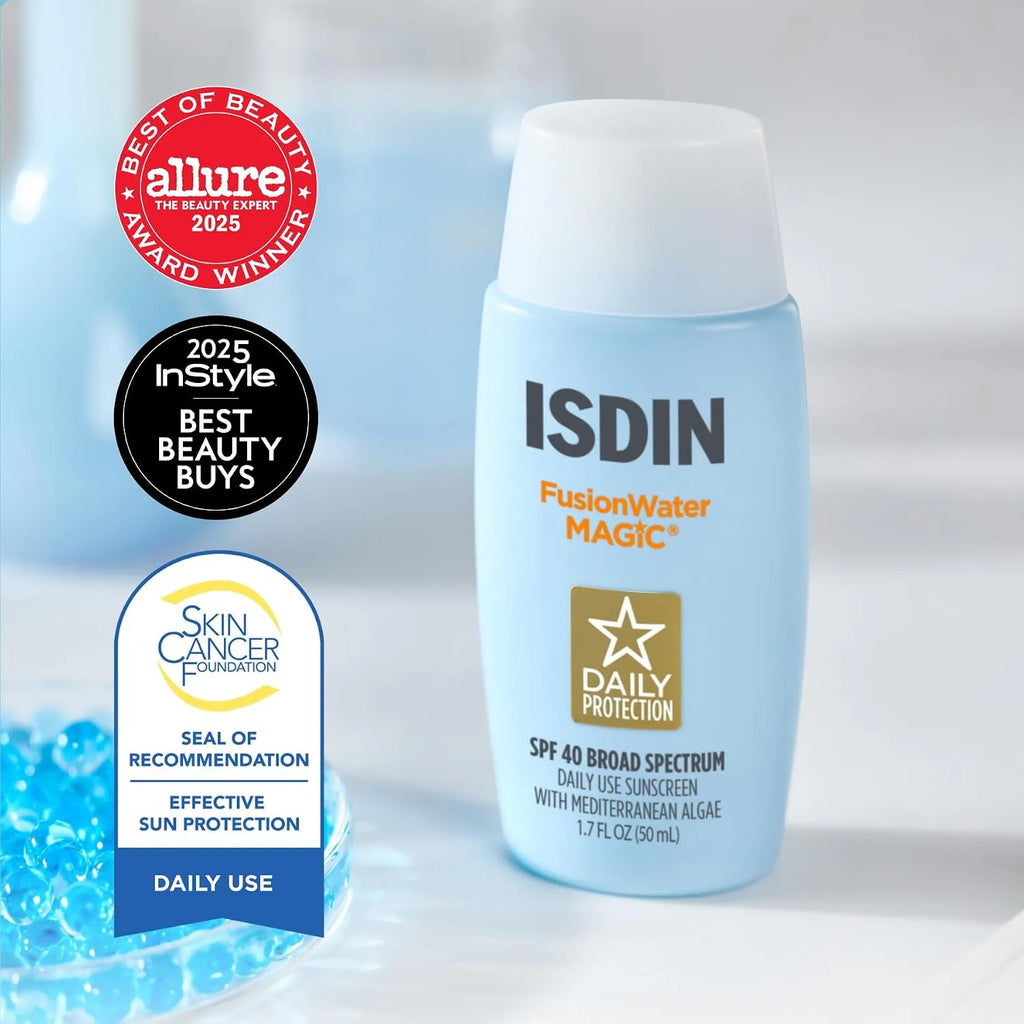 ISDIN FusionWater MAGIC sunscreen bottle with awards on a light gray background