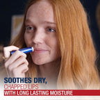 Woman applying lip balm with text highlighting its benefits