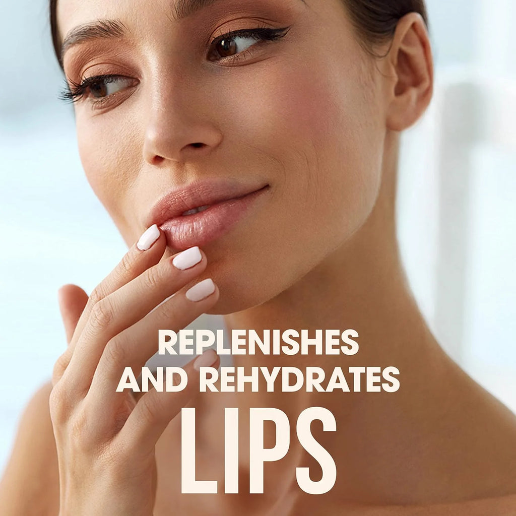 Woman with moisturized lips and text 'Replenishes and rehydrates lips' on a blurred background