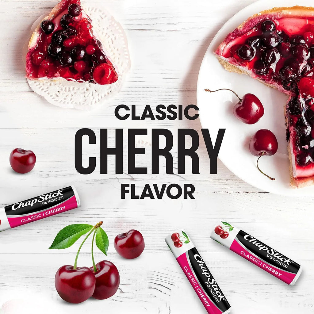 Cherry-flavored ChapStick with cherry pie and cherries on a white background