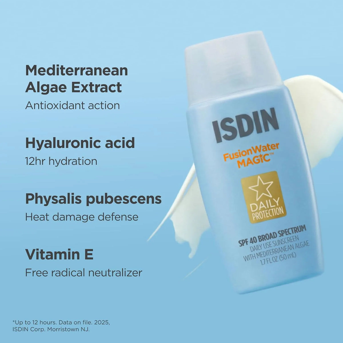 ISDIN FusionWater MAGIC sunscreen bottle with ingredients listed on a blue background