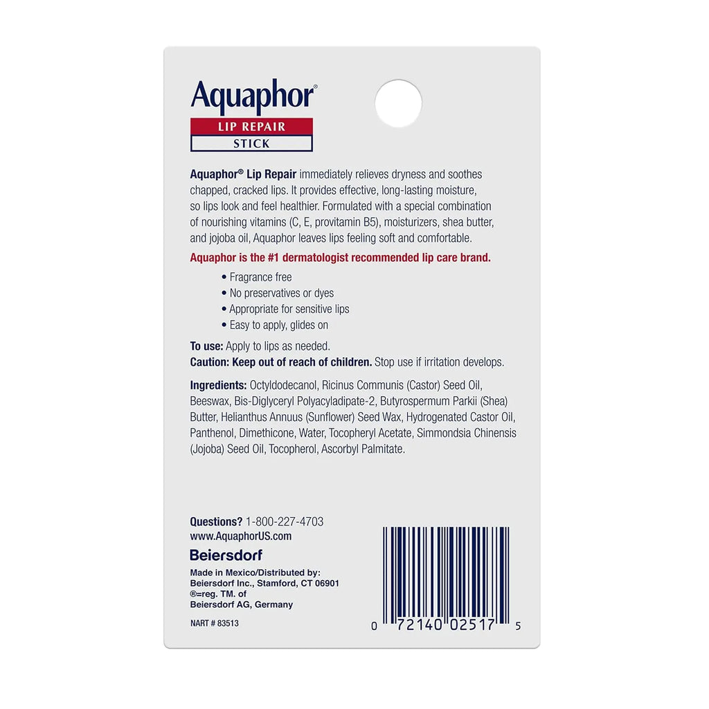 Aquaphor Lip Repair Stick packaging with text and branding on a white background