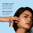 Woman applying a product to her face with text about ultralight texture and makeup compatibility.