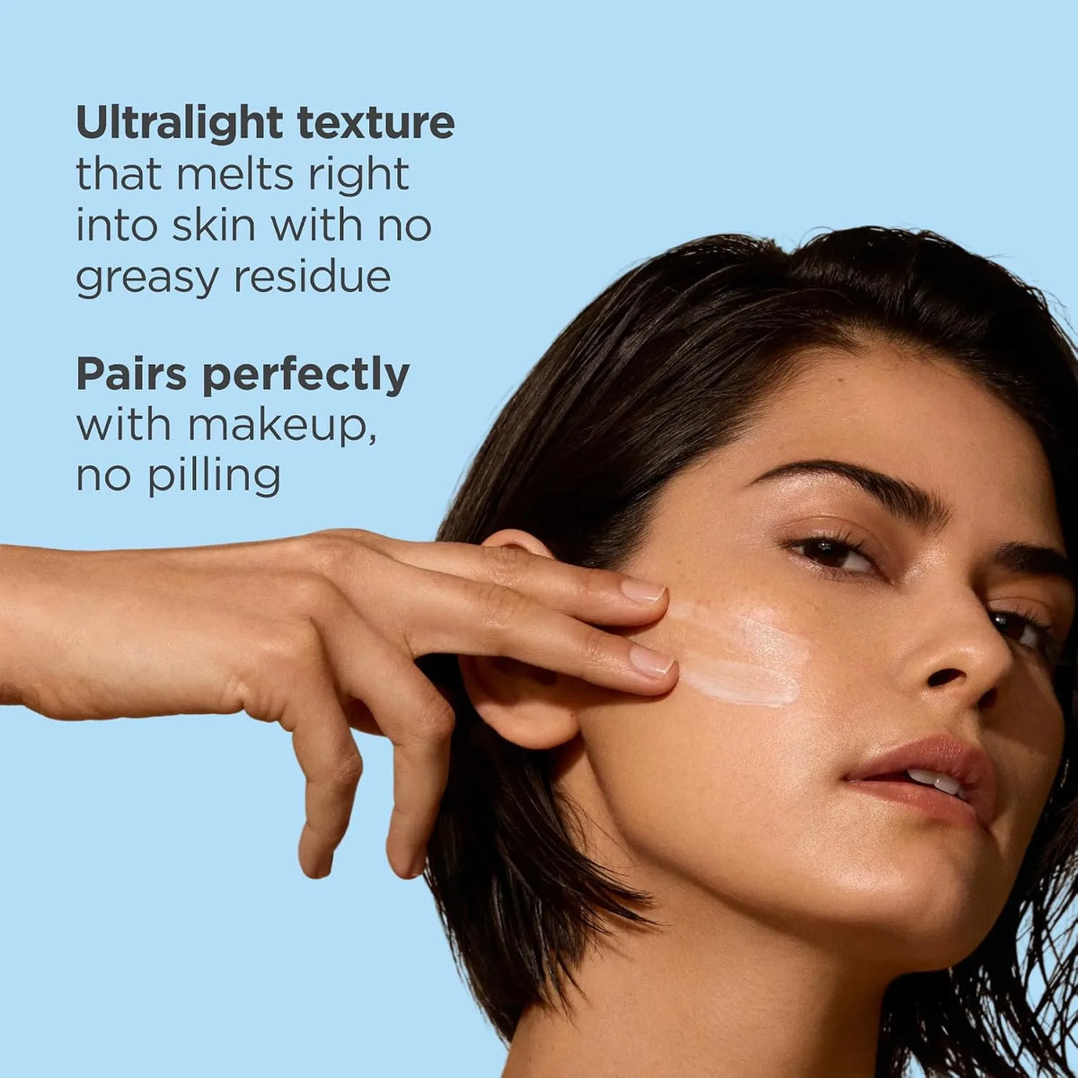 Woman applying a product to her face with text about ultralight texture and makeup compatibility.