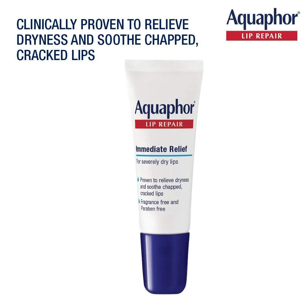Aquaphor lip repair cream tube on a white background with text about dryness and cracked lips.