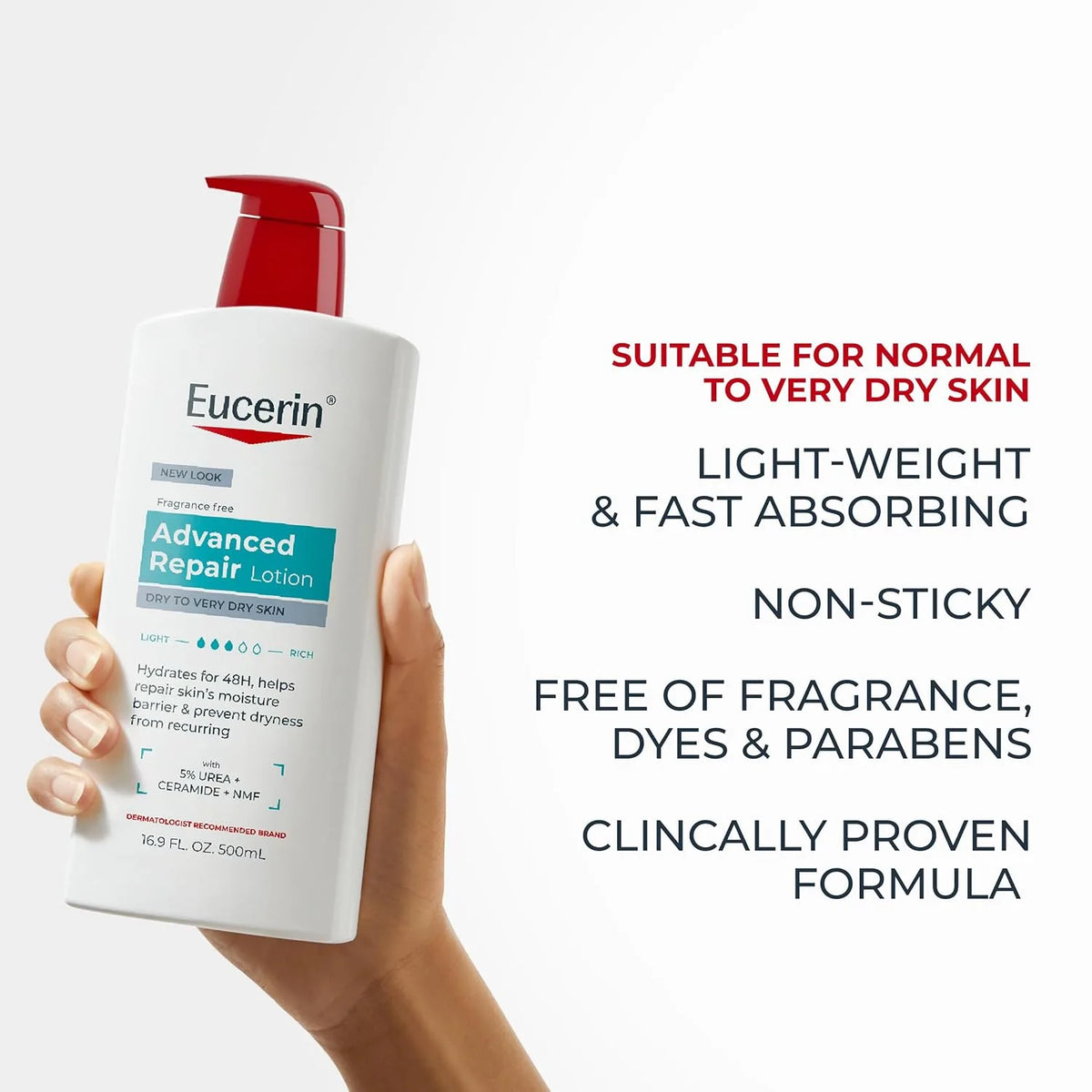 A hand holding a 500 mL bottle of Eucerin Advanced Repair Lotion against a clean white background, with product feature text displayed on the right.