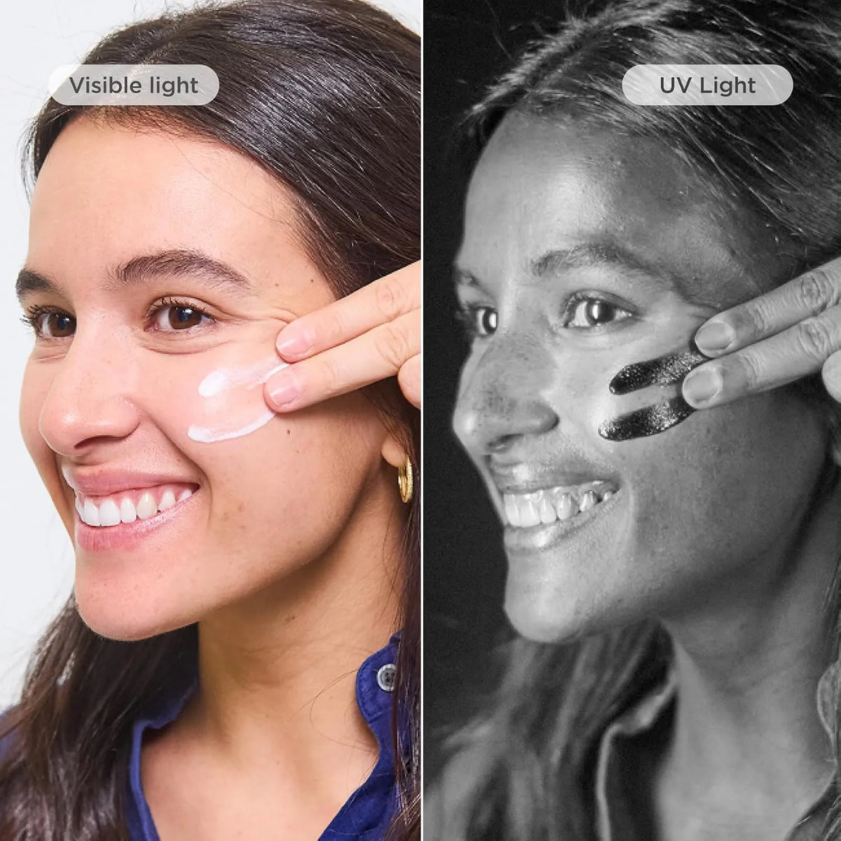 Comparison of visible light and UV light on a person's face with a hand applying cream.