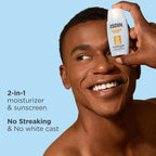Man applying ISDIN sunscreen to his face with a blue background