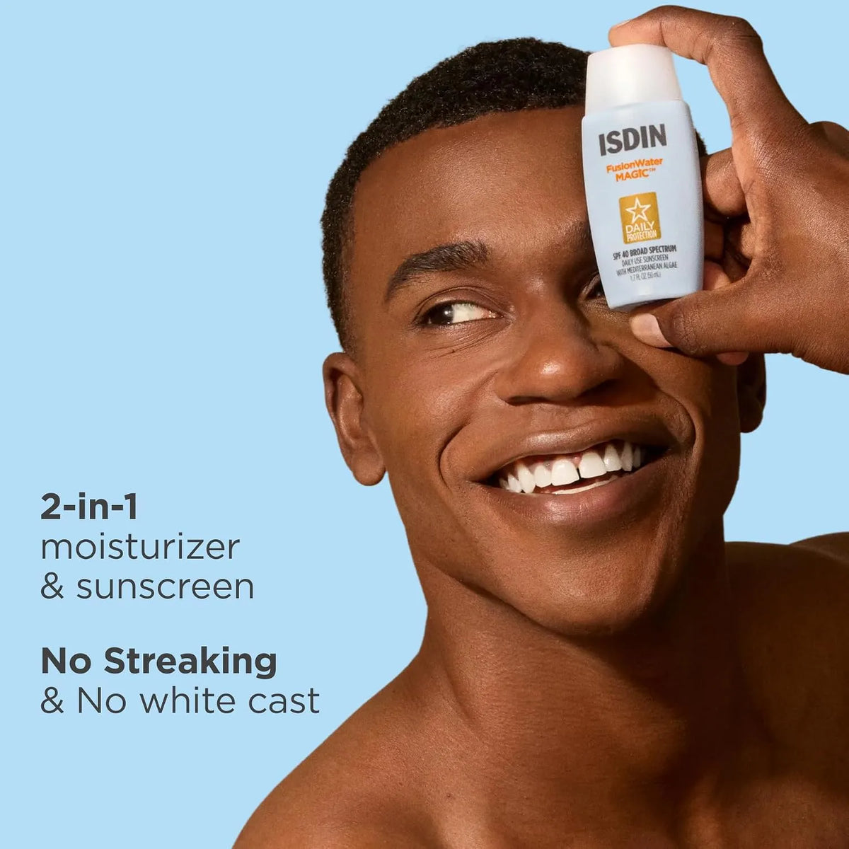 Man applying ISDIN sunscreen to his face with a blue background