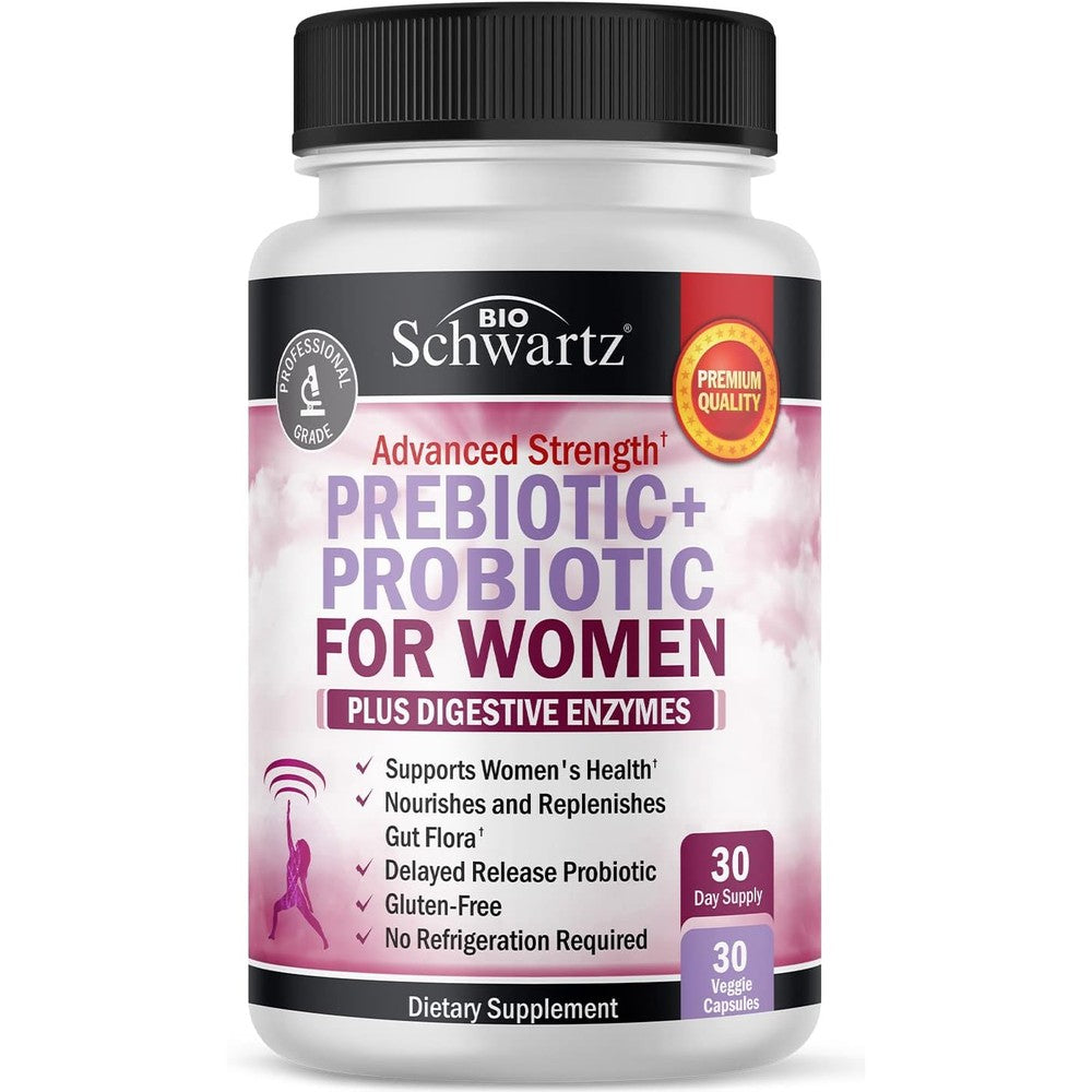 BioSchwartz Prebiotics and Probiotics for Women 30 capsules front view packaging for authentic gut health supplements online.