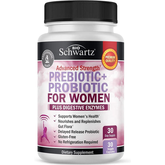 BioSchwartz Prebiotics and Probiotics for Women 30 capsules front view packaging for authentic gut health supplements online.