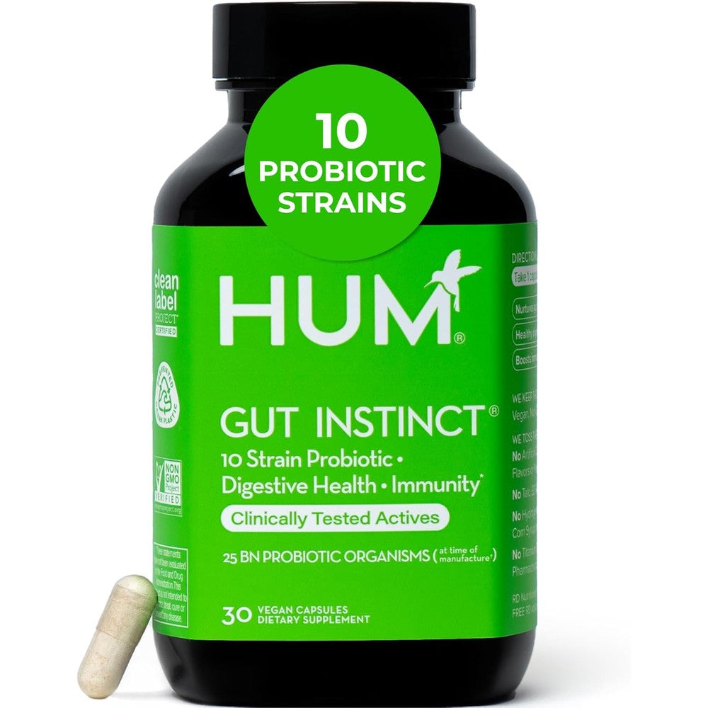 HUM Nutrition Gut Instinct daily probiotic 30 capsules front view showing packaging