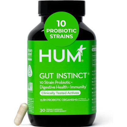 HUM Nutrition Gut Instinct daily probiotic 30 capsules front view showing packaging