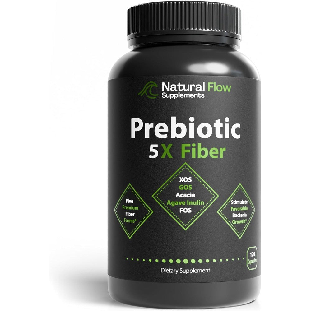Natural Flow Supplements Prebiotic 5X Fiber front view bottle showing 120 capsules label for gut health support.