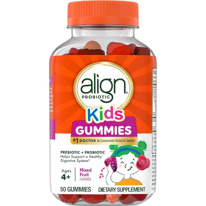 Align Kids Prebiotic and Probiotic 50 Gummies bottle front view for children digestive health support.