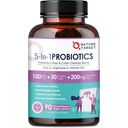 Nature Target 5-in-1 Probiotic 90 capsules front view showing the premium USA imported packaging.