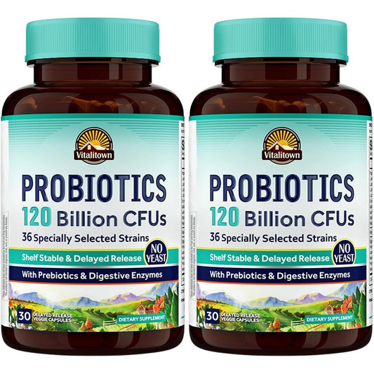Vitalitown Probiotics 120 Billion CFUs front view bottle packaging for daily digestive health supplement
