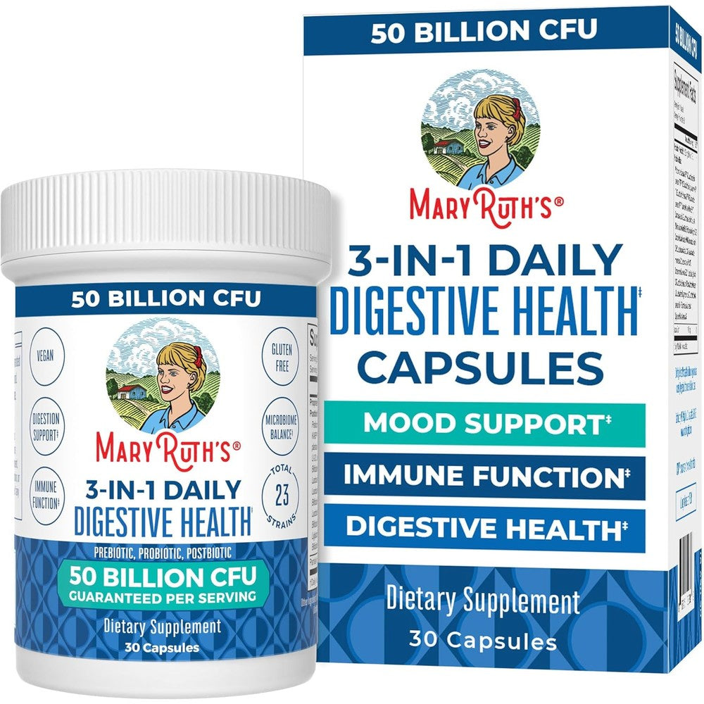 MaryRuth Organics 3-in-1 Probiotics Digestive Health 30 Capsules front view bottle packaging