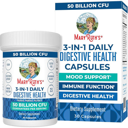MaryRuth Organics 3 in 1 Probiotics 30 Capsules front view bottle for daily digestive health