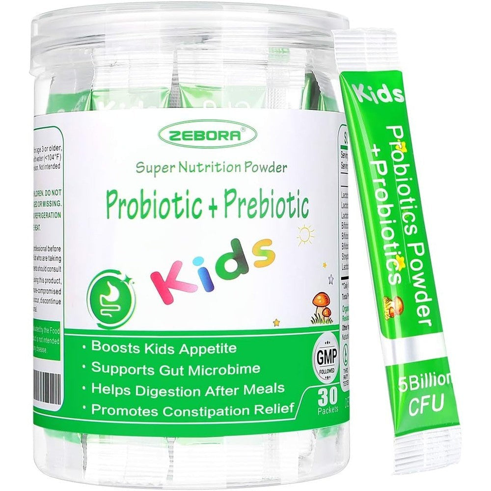 ZEBORA Kids Probiotic Powder 30 Packets front view showing package details for children gut health